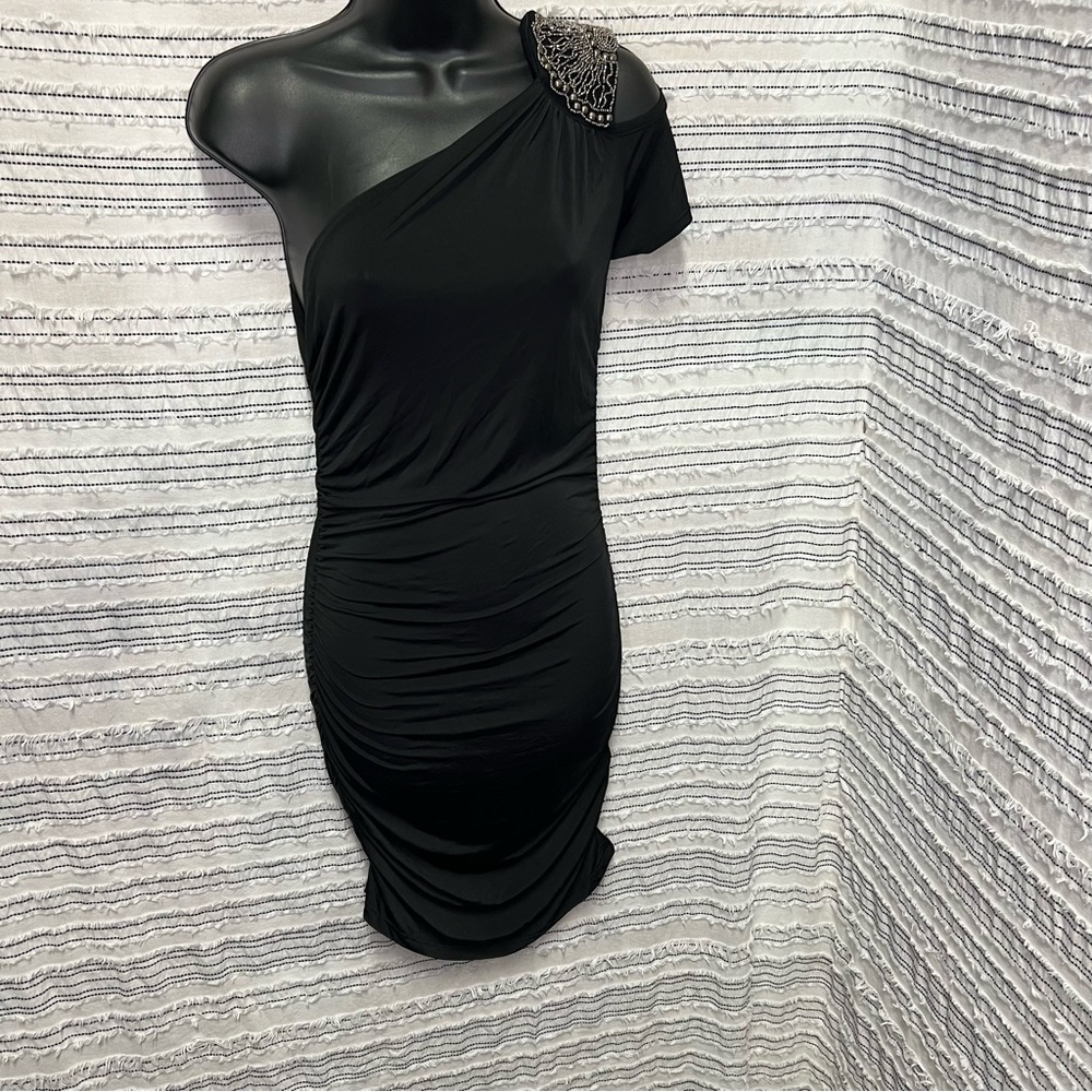 Embellished beaded Black One-Shoulder Dress  going out clubbing party y2k Sz med
